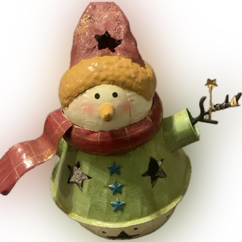Vintage Y2K 10 inch Metal Snowman Luminary Christmas Candle Winter Holiday Decor